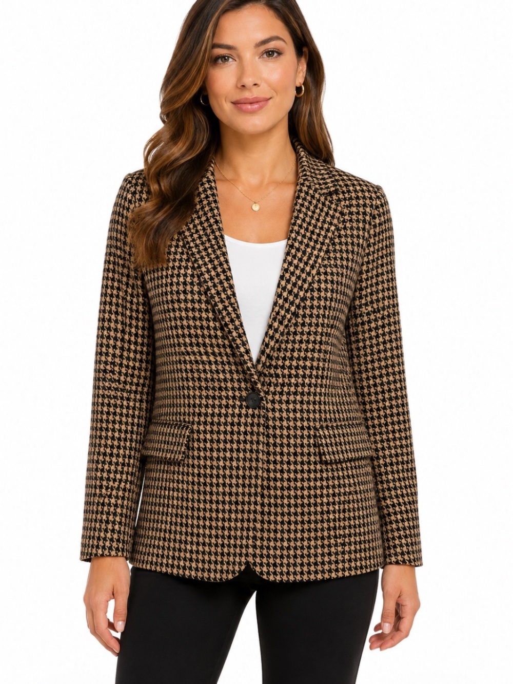 NINE WEST  Black & Tan Vintage Houndstooth Wool Single Button Blazer XL NWOT